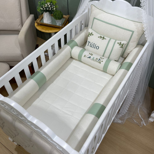 Enxoval de Berço Personalizado 08 Peças Verde Passarinhos 4026