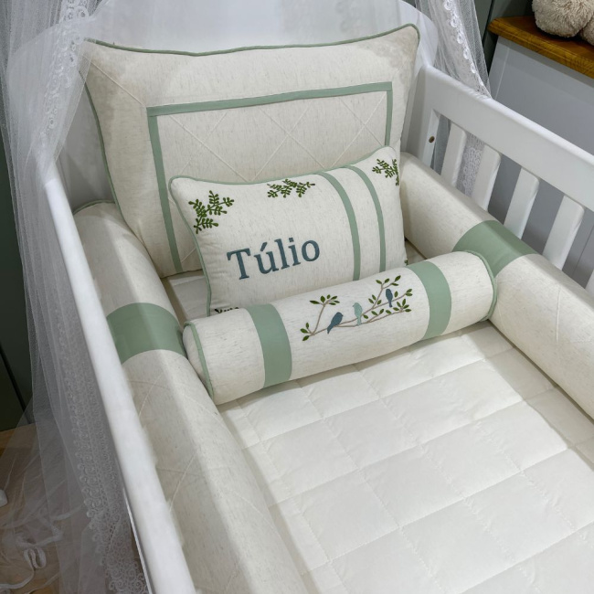 Enxoval de Berço Personalizado 08 Peças Verde Passarinhos 4026