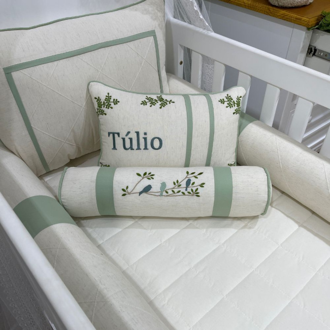 Enxoval de Berço Personalizado 08 Peças Verde Passarinhos 4026