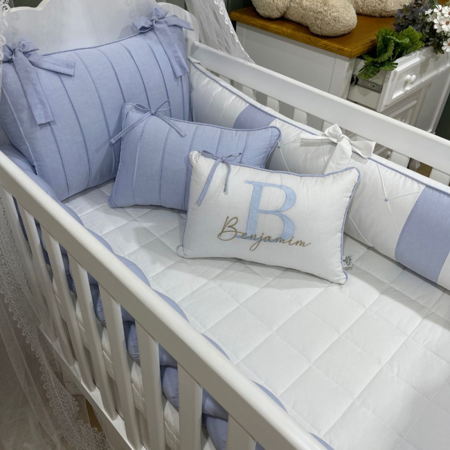 Enxoval de Berço Personalizado 08 Peças Azul Chambre Personale 200 Fios 9060