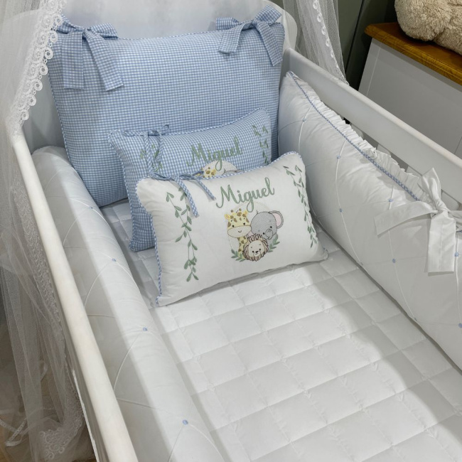 Enxoval de Berço Personalizado 08 Peças Bichinhos Xadrez Azul 200 Fios 4514