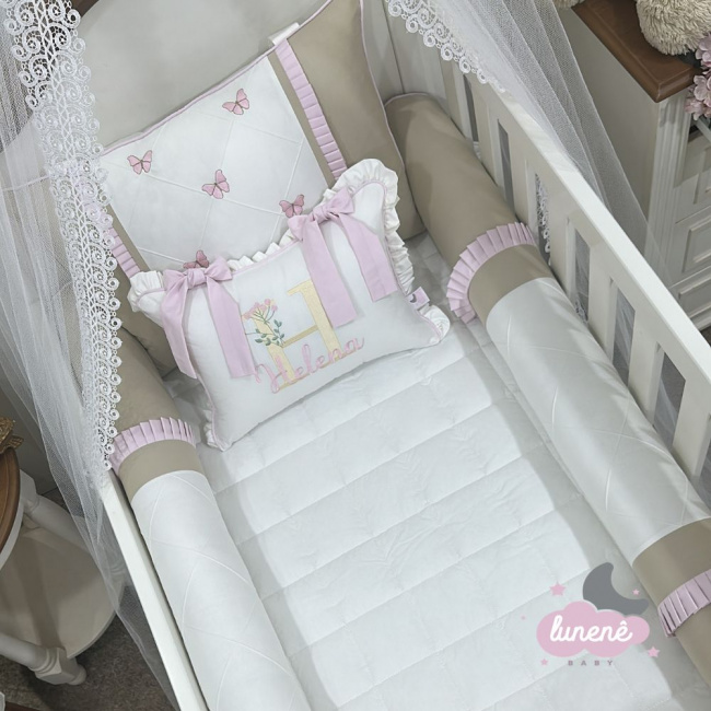 Enxoval de Berço Personalizado 08 Peças Borboleta Baby Cáqui 4352