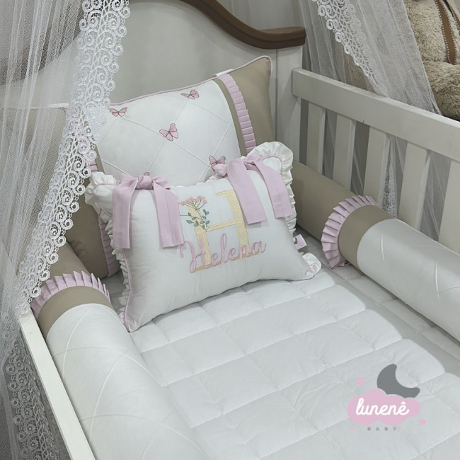 Enxoval de Berço Personalizado 08 Peças Borboleta Baby Cáqui 4352