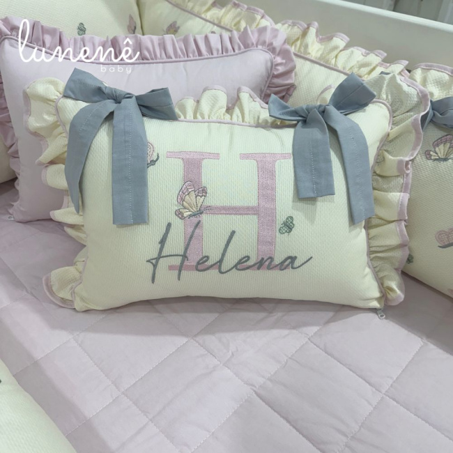 Enxoval de Berço Personalizado 08 Peças Borboleta Personale Baby 140 Fios Bege e Rosa