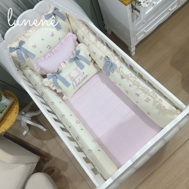 Enxoval de Berço Personalizado 08 Peças Borboleta Personale Baby 140 Fios Bege e Rosa