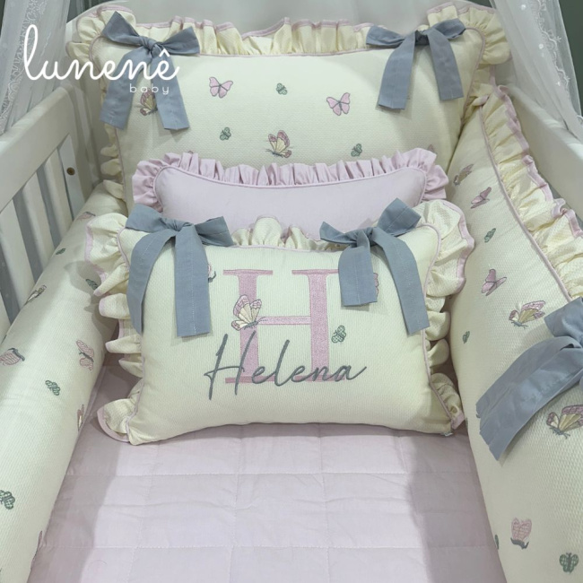 Enxoval de Berço Personalizado 08 Peças Borboleta Personale Baby 140 Fios Bege e Rosa