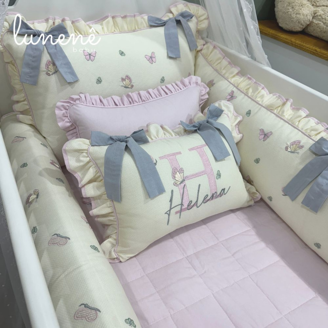 Enxoval de Berço Personalizado 08 Peças Borboleta Personale Baby 140 Fios Bege e Rosa