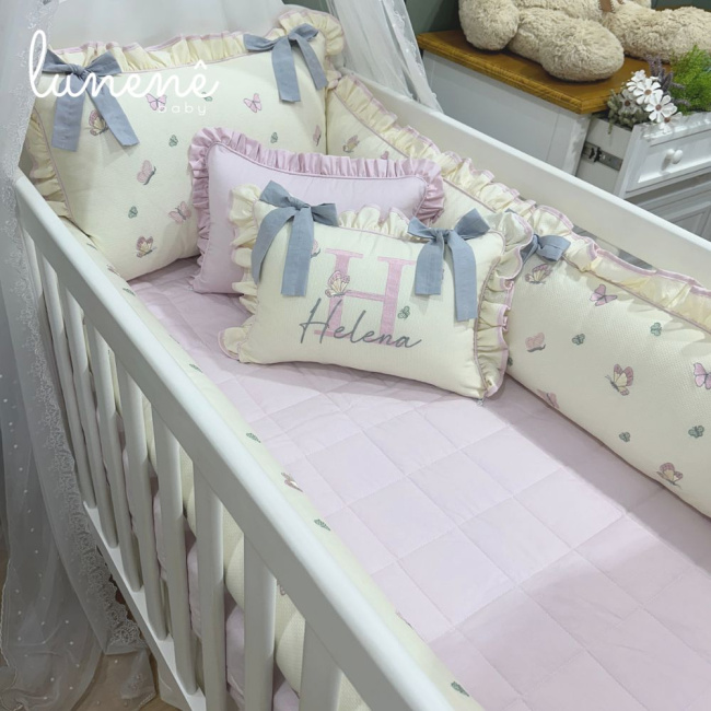 Enxoval de Berço Personalizado 08 Peças Borboleta Personale Baby 140 Fios Bege e Rosa
