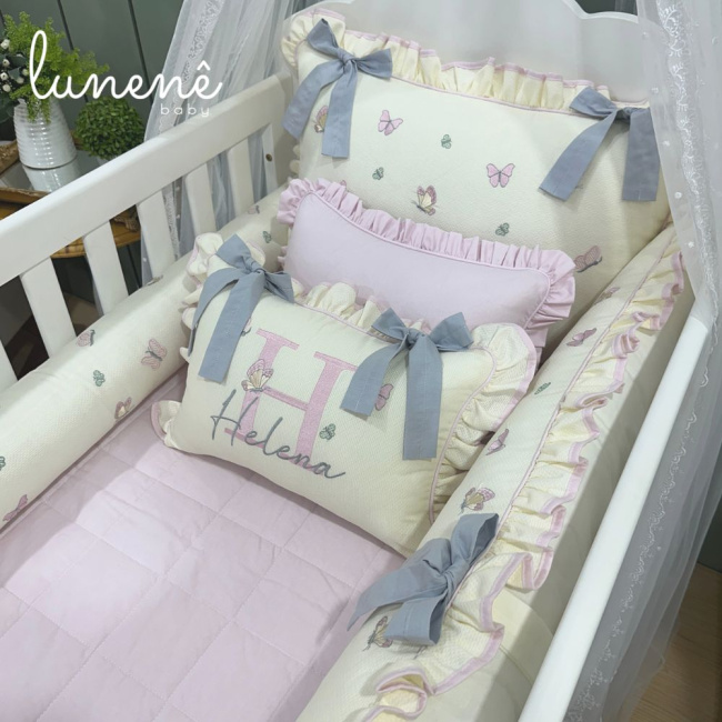 Enxoval de Berço Personalizado 08 Peças Borboleta Personale Baby 140 Fios Bege e Rosa