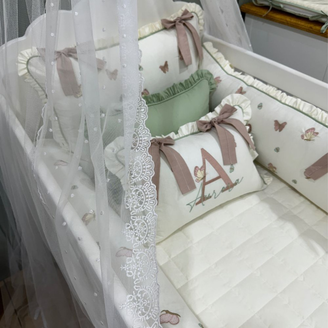 Enxoval de Berço Personalizado 08 Peças Borboletas Terracota Primavera