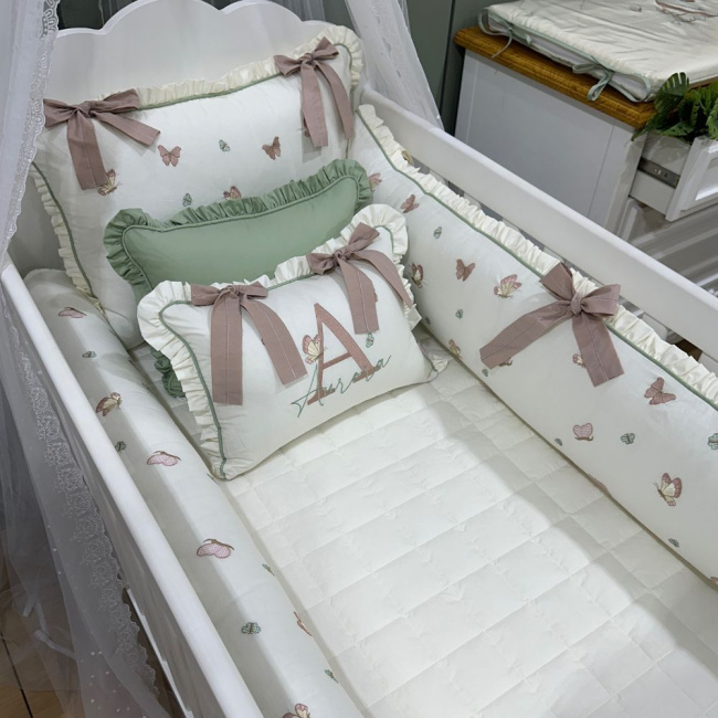 Enxoval de Berço Personalizado 08 Peças Borboletas Terracota Primavera