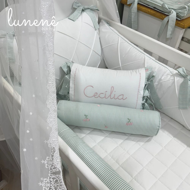 Enxoval de Berço Personalizado 08 Peças Cerejinha Verde 200 Fios 4574