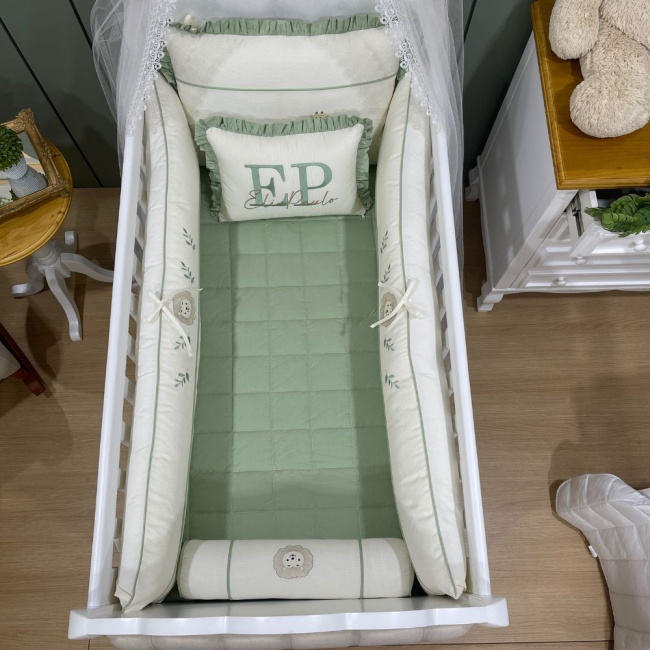 Enxoval de Berço Personalizado 08 Peças Cute Baby Trio Bichinhos Verde 140 Fios 4248