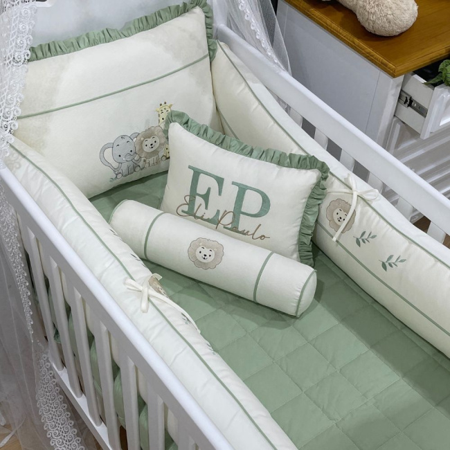 Enxoval de Berço Personalizado 08 Peças Cute Baby Trio Bichinhos Verde 140 Fios 4248
