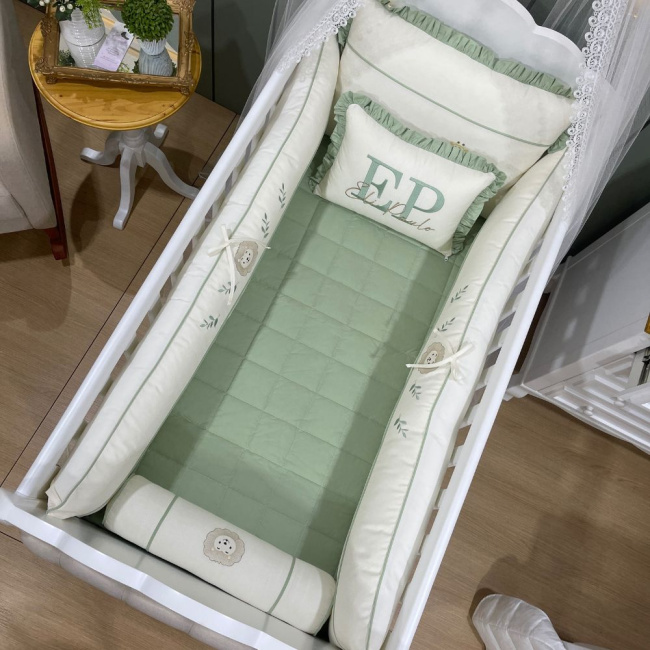 Enxoval de Berço Personalizado 08 Peças Cute Baby Trio Bichinhos Verde 140 Fios 4248