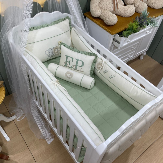 Enxoval de Berço Personalizado 08 Peças Cute Baby Trio Bichinhos Verde 140 Fios 4248