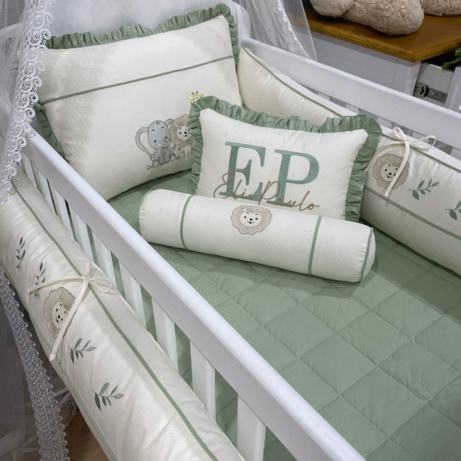 Enxoval de Berço Personalizado 08 Peças Cute Baby Trio Bichinhos Verde 140 Fios 4248