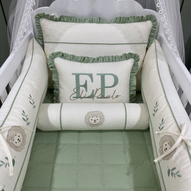 Enxoval de Berço Personalizado 08 Peças Cute Baby Trio Bichinhos Verde 140 Fios 4248