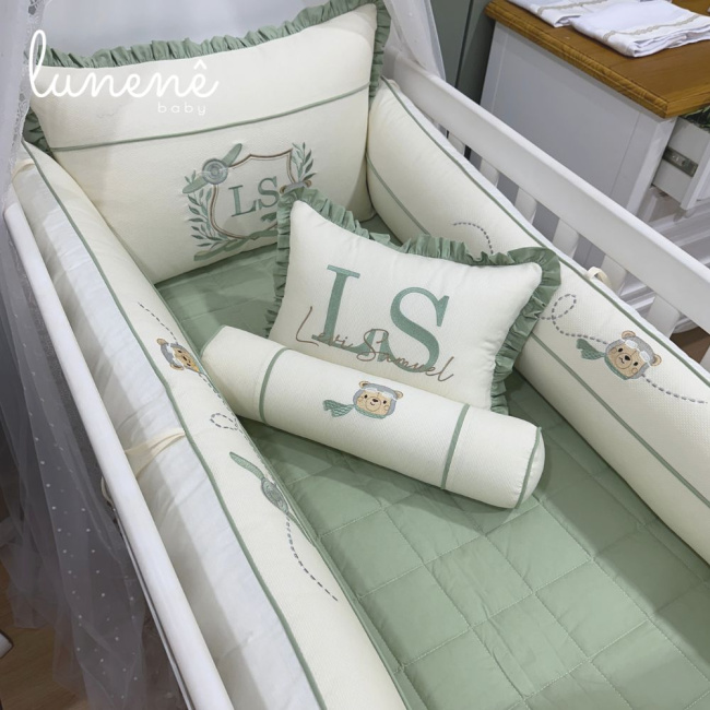 Enxoval de Berço Personalizado 08 Peças Cute Baby Urso Aviador 160 Fios 4605