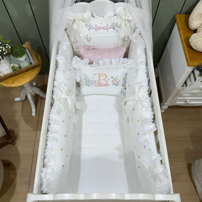 Enxoval de Berço Personalizado 08 Peças Flores Rose 400 Fios 4517