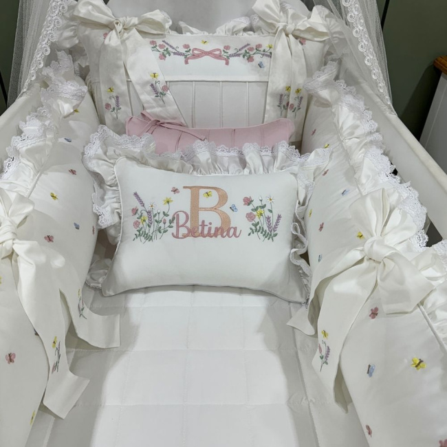 Enxoval de Berço Personalizado 08 Peças Flores Rose 400 Fios 4517