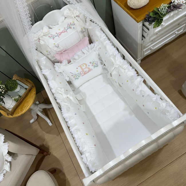 Enxoval de Berço Personalizado 08 Peças Flores Rose 400 Fios 4517