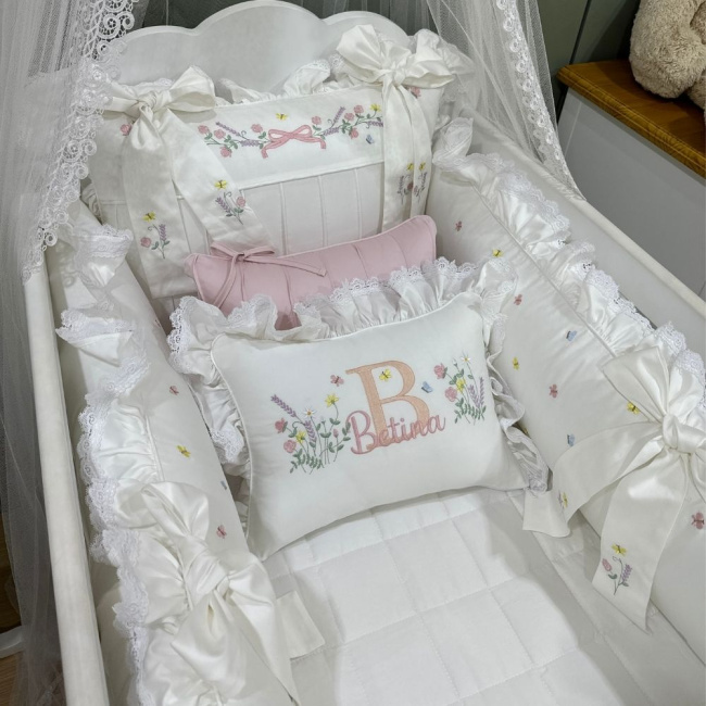 Enxoval de Berço Personalizado 08 Peças Flores Rose 400 Fios 4517