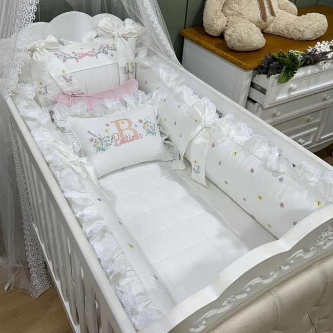 Enxoval de Berço Personalizado 08 Peças Flores Rose 400 Fios 4517