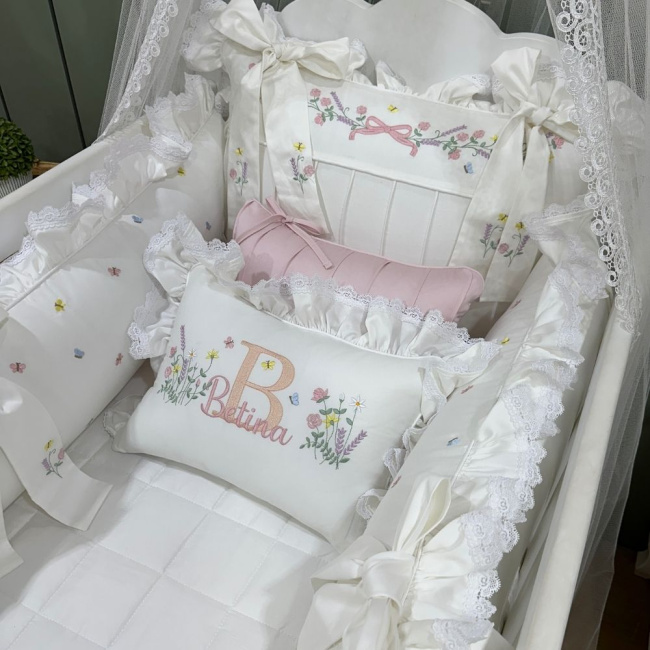 Enxoval de Berço Personalizado 08 Peças Flores Rose 400 Fios 4517