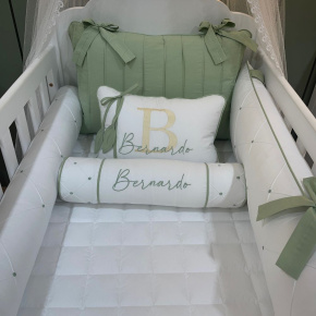 Enxoval de Berço Personalizado 08 Peças Folhas Baby Branco e Verde 200 Fios