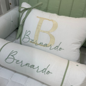 Enxoval de Berço Personalizado 08 Peças Folhas Baby Branco e Verde 200 Fios