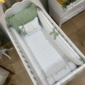 Enxoval de Berço Personalizado 08 Peças Folhas Baby Branco e Verde 200 Fios