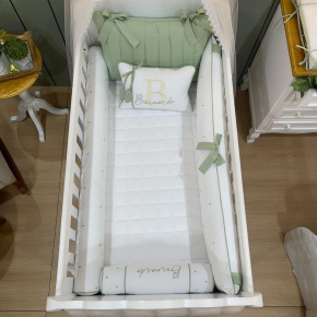 Enxoval de Berço Personalizado 08 Peças Folhas Baby Branco e Verde 200 Fios