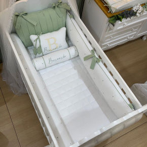 Enxoval de Berço Personalizado 08 Peças Folhas Baby Branco e Verde 200 Fios