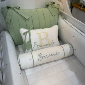 Enxoval de Berço Personalizado 08 Peças Folhas Baby Branco e Verde 200 Fios