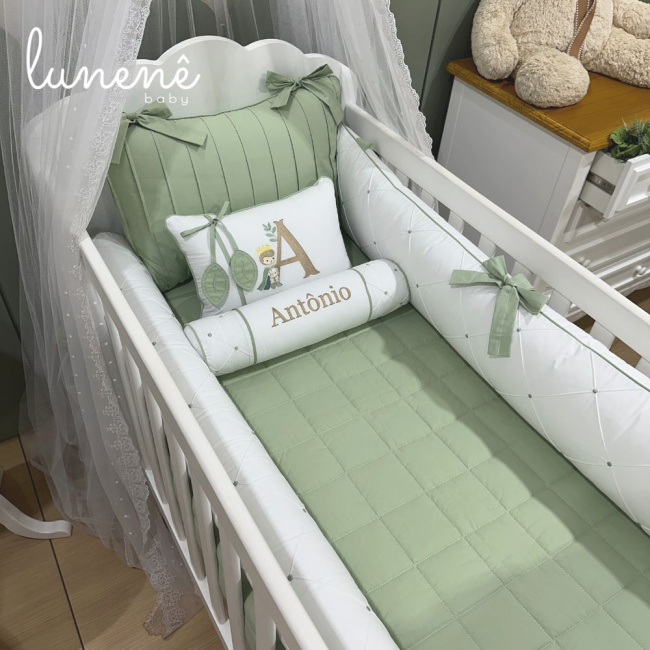 Enxoval de Berço Personalizado 08 Peças Folhas Baby Príncipe 200 Fios