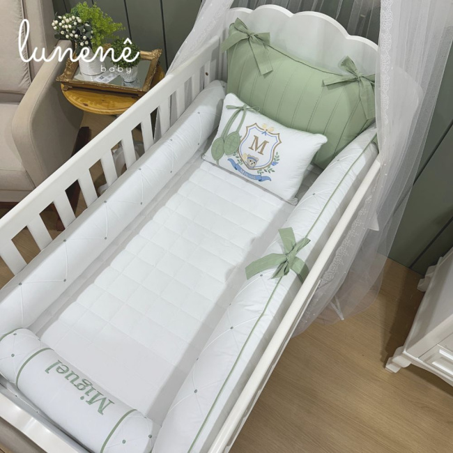 Enxoval de Berço Personalizado 08 Peças Folhas Baby Ursinho 200 Fios