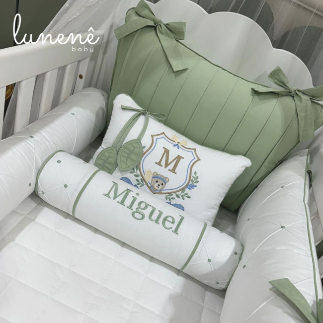 Enxoval de Berço Personalizado 08 Peças Folhas Baby Ursinho 200 Fios