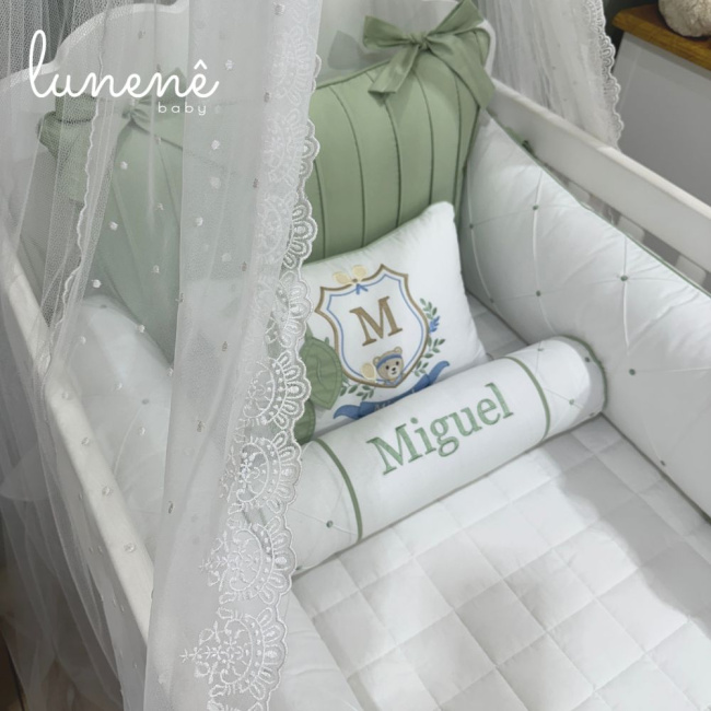 Enxoval de Berço Personalizado 08 Peças Folhas Baby Ursinho 200 Fios