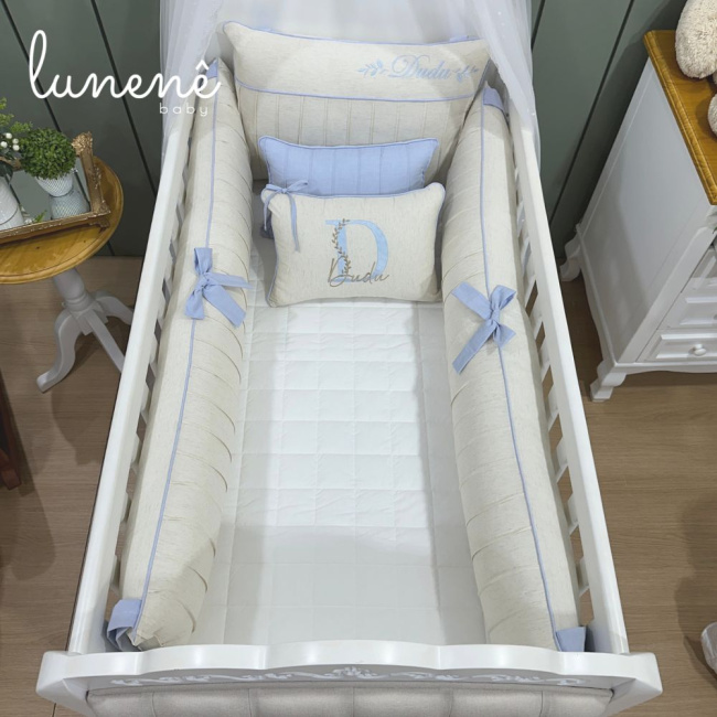Enxoval de Berço Personalizado 08 Peças Linho Azul 200 Fios