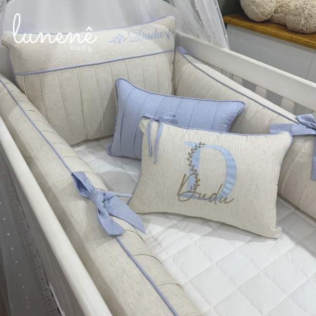 Enxoval de Berço Personalizado 08 Peças Linho Azul 200 Fios