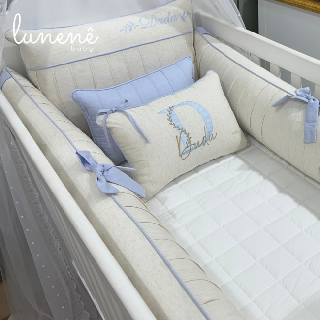 Enxoval de Berço Personalizado 08 Peças Linho Azul 200 Fios