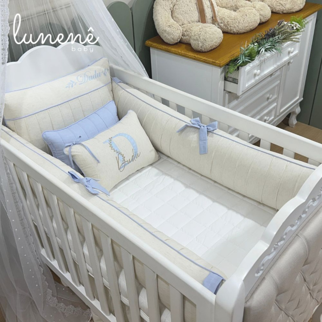 Enxoval de Berço Personalizado 08 Peças Linho Azul 200 Fios