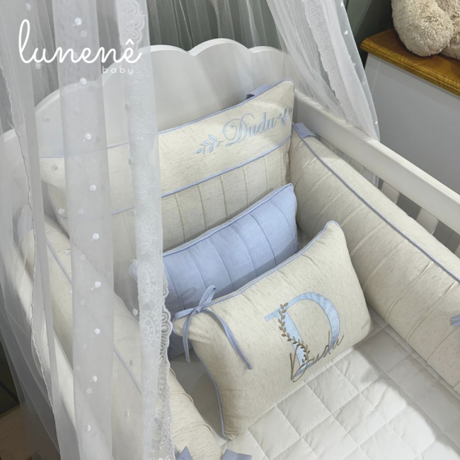 Enxoval de Berço Personalizado 08 Peças Linho Azul 200 Fios
