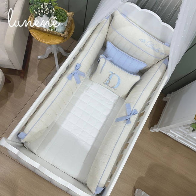 Enxoval de Berço Personalizado 08 Peças Linho Azul 200 Fios