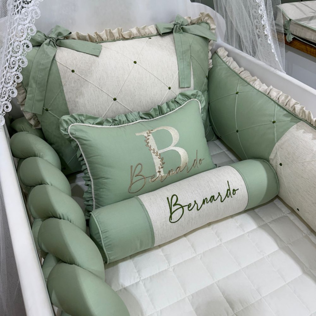 Enxoval de Berço Personalizado 08 Peças Linho Baby Bege Verde 200 Fios