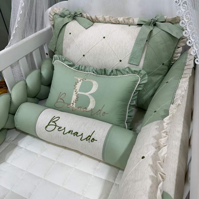 Enxoval de Berço Personalizado 08 Peças Linho Baby Bege Verde 200 Fios