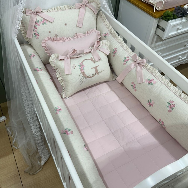 Enxoval de Berço Personalizado 08 Peças Linho Florence Rosê 200 Fios 4520