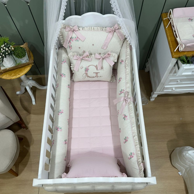 Enxoval de Berço Personalizado 08 Peças Linho Florence Rosê 200 Fios 4520