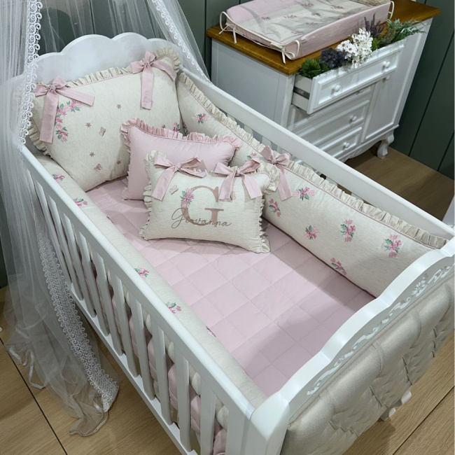 Enxoval de Berço Personalizado 08 Peças Linho Florence Rosê 200 Fios 4520